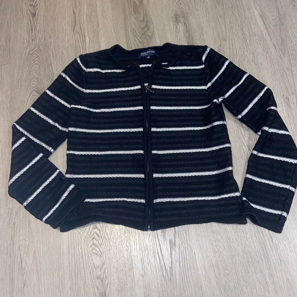 Jones New York Black and White Striped Zip-Front Cardigan